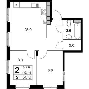 2-к квартира, вторичка, 50м2, 3/4 этаж
