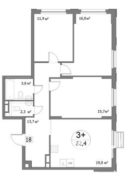 3-к квартира, сданный дом, 82м2, 3/22 этаж