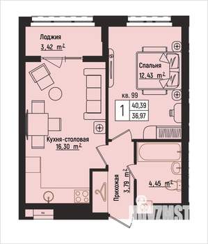 1-к квартира, вторичка, 40м2, 12/15 этаж