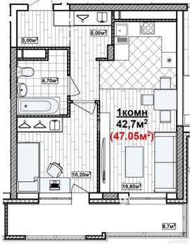 1-к квартира, вторичка, 47м2, 6/15 этаж