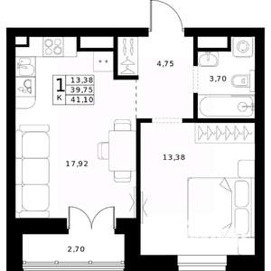 1-к квартира, вторичка, 41м2, 13/24 этаж