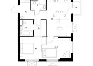 2-к квартира, вторичка, 57м2, 2/25 этаж