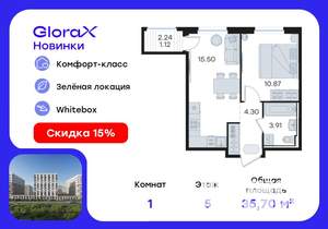 1-к квартира, вторичка, 36м2, 5/9 этаж