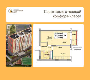 1-к квартира, вторичка, 38м2, 7/12 этаж