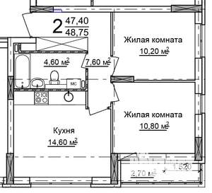 2-к квартира, строящийся дом, 49м2, 3/18 этаж