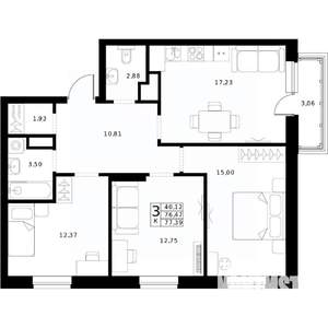 3-к квартира, строящийся дом, 77м2, 15/24 этаж
