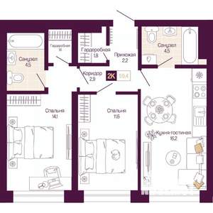 2-к квартира, вторичка, 59м2, 19/25 этаж