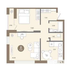 2-к квартира, вторичка, 52м2, 5/18 этаж