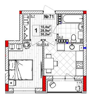 1-к квартира, вторичка, 30м2, 4/4 этаж