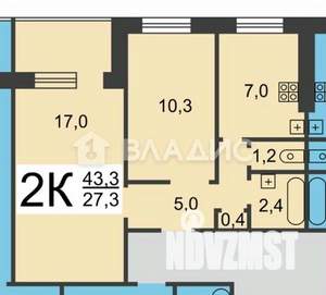 2-к квартира, вторичка, 43м2, 6/9 этаж