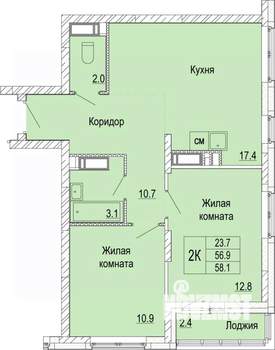 2-к квартира, вторичка, 58м2, 23/25 этаж