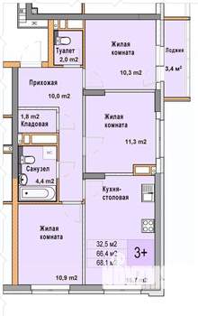 3-к квартира, вторичка, 68м2, 7/25 этаж