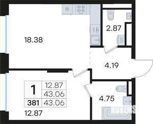 1-к квартира, вторичка, 43м2, 3/13 этаж