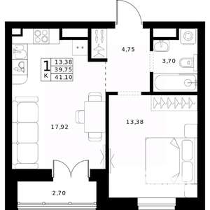 1-к квартира, вторичка, 41м2, 14/24 этаж