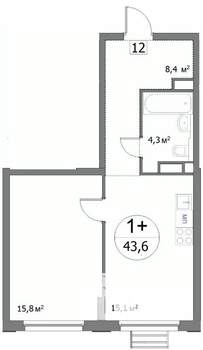 1-к квартира, строящийся дом, 43м2, 12/22 этаж