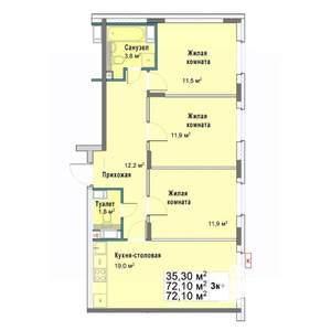 3-к квартира, вторичка, 72м2, 4/12 этаж