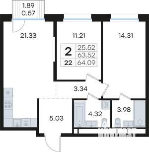 2-к квартира, вторичка, 64м2, 4/13 этаж