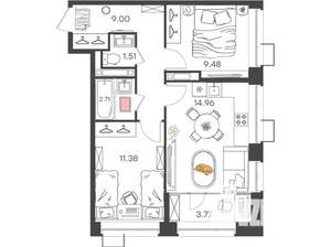 2-к квартира, вторичка, 53м2, 13/20 этаж