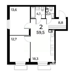 2-к квартира, вторичка, 60м2, 8/15 этаж