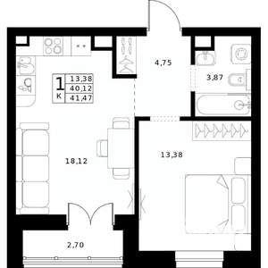 1-к квартира, строящийся дом, 41м2, 4/24 этаж
