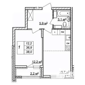 1-к квартира, строящийся дом, 38м2, 21/25 этаж