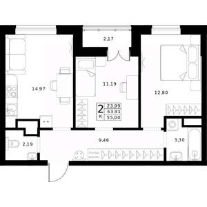 2-к квартира, строящийся дом, 55м2, 13/24 этаж