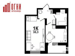 1-к квартира, строящийся дом, 35м2, 24/25 этаж