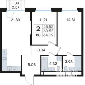 2-к квартира, вторичка, 64м2, 10/13 этаж