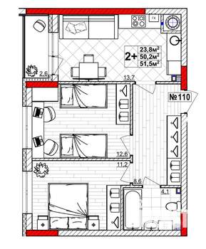 2-к квартира, вторичка, 52м2, 1/4 этаж