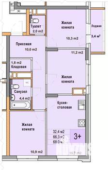 3-к квартира, вторичка, 68м2, 11/25 этаж