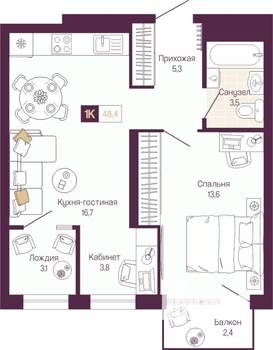 1-к квартира, вторичка, 45м2, 2/12 этаж