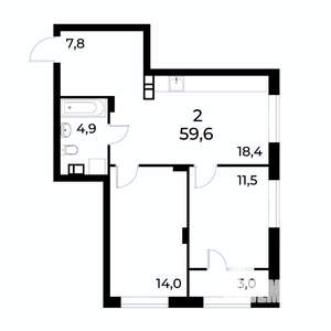 2-к квартира, вторичка, 59м2, 18/19 этаж