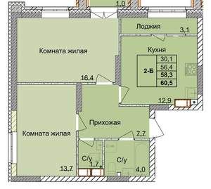 2-к квартира, вторичка, 58м2, 3/18 этаж