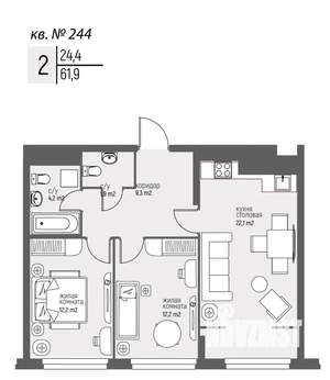2-к квартира, вторичка, 62м2, 24/25 этаж