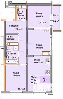 3-к квартира, вторичка, 68м2, 13/25 этаж