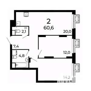 2-к квартира, вторичка, 60м2, 17/19 этаж