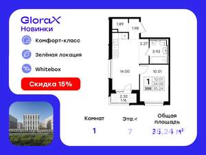 1-к квартира, вторичка, 35м2, 7/9 этаж