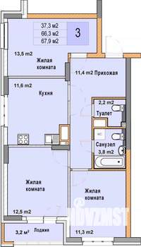 3-к квартира, вторичка, 68м2, 12/25 этаж