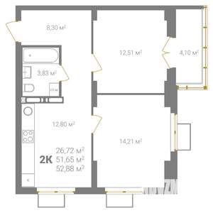 2-к квартира, вторичка, 53м2, 12/18 этаж
