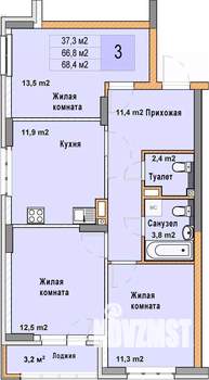 3-к квартира, вторичка, 68м2, 3/25 этаж