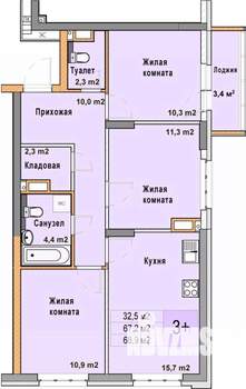 3-к квартира, вторичка, 69м2, 8/25 этаж