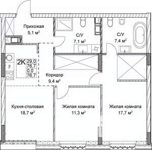 2-к квартира, вторичка, 77м2, 4/9 этаж