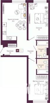 2-к квартира, вторичка, 71м2, 13/19 этаж