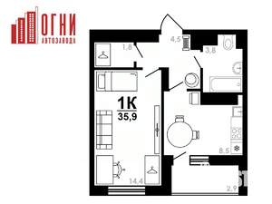1-к квартира, строящийся дом, 36м2, 25/25 этаж