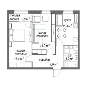 2-к квартира, строящийся дом, 57м2, 4/9 этаж