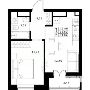 1-к квартира, строящийся дом, 35м2, 21/24 этаж