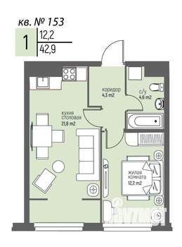 1-к квартира, вторичка, 43м2, 14/25 этаж