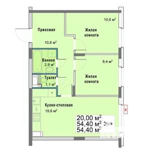 2-к квартира, вторичка, 54м2, 4/12 этаж