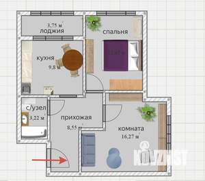 2-к квартира, вторичка, 50м2, 9/17 этаж