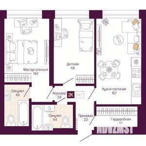 2-к квартира, вторичка, 60м2, 13/25 этаж